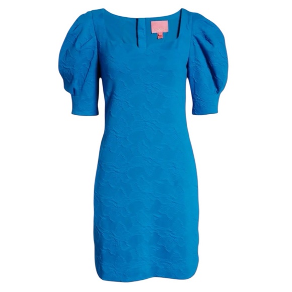 Lilly Pulitzer Feona Teal Bay Knit‎ Jacquard Puff Sleeve Dress Size M - Picture 3 of 14